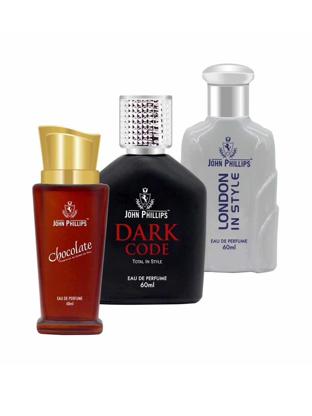 

JOHN PHILLIPS Set of 3 Eau De Parfum 60ml Each-Chocolate + Dark Code + London In Style, Red