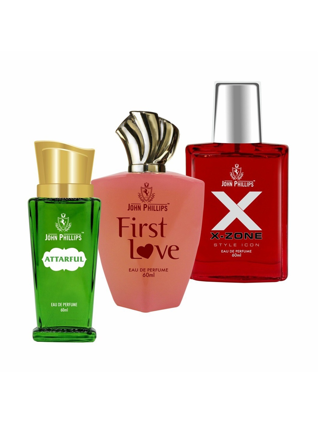 

JOHN PHILLIPS Set of 3 Long-Lasting Eau De Perfume 60 ml Each - Attarful - First Love - X X-Zone, Green