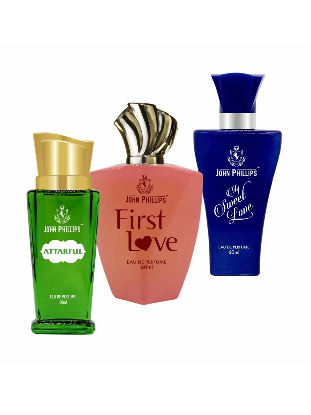 

JOHN PHILLIPS Set of 3 Long-Lasting Eau De Perfume 60 ml Each - Attarful - First Love - My Sweet Love, Green