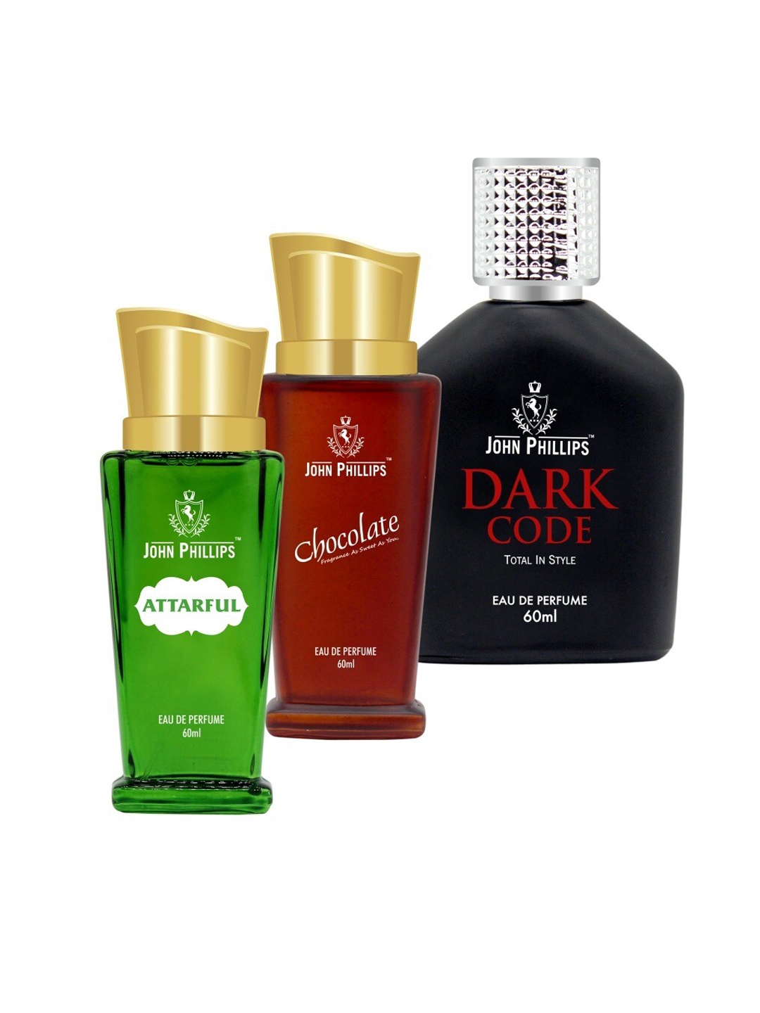 

JOHN PHILLIPS Set of 3 Long-Lasting Eau De Perfume 60 ml Each - Attarful - Chocolate - Dark Code, Green