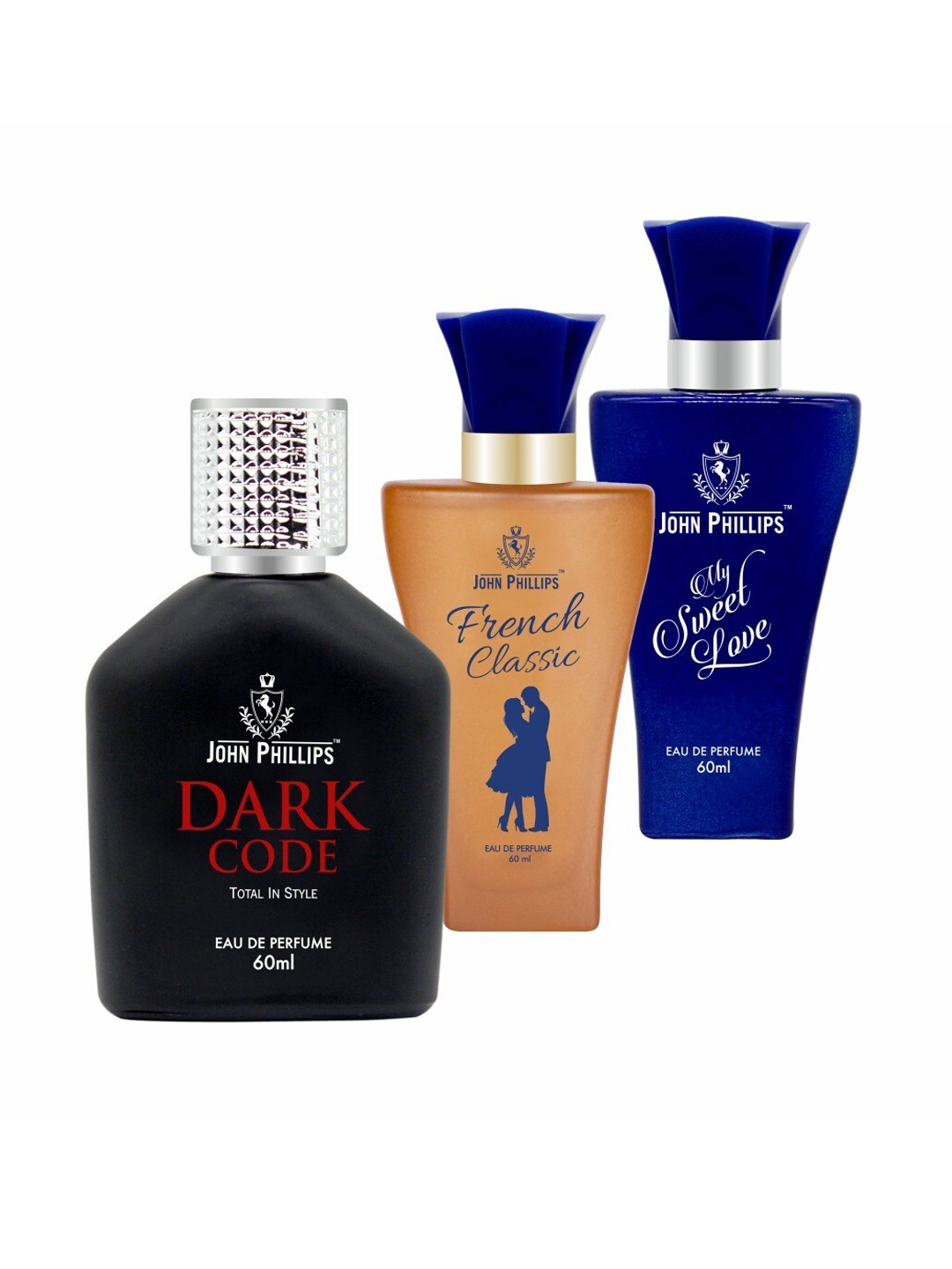 

JOHN PHILLIPS Set of 3 Long-Lasting Eau De Perfume 60 ml Each - Dark Code - French Classic - My Sweet Love, Black