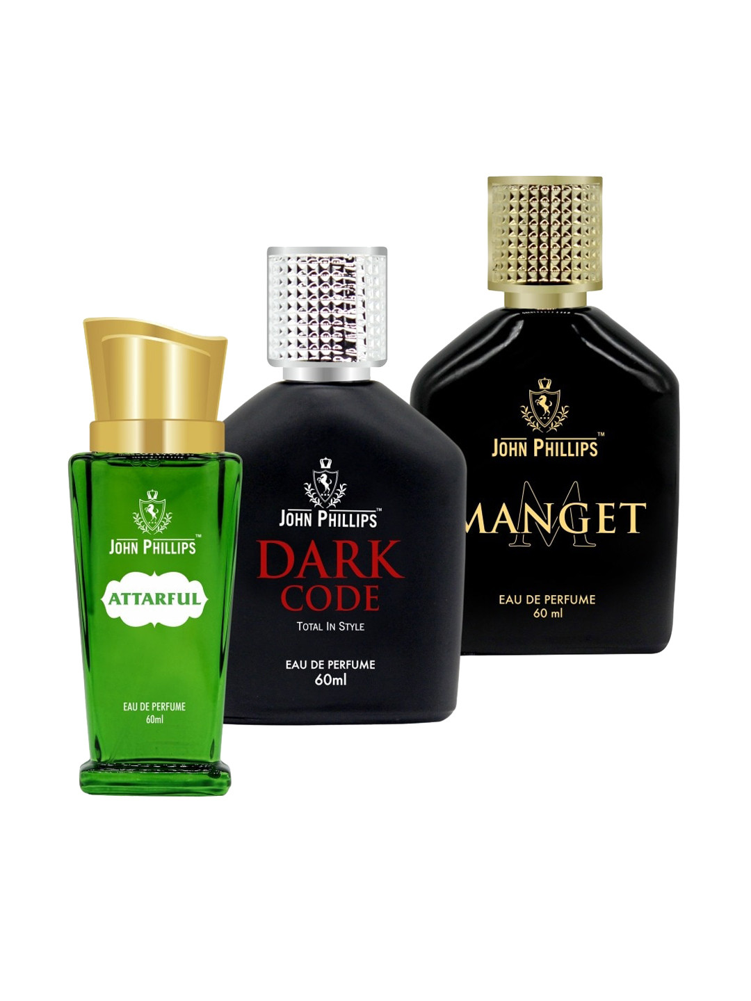 

JOHN PHILLIPS Set of 3 Long-Lasting Eau De Perfume 60 ml Each - Attarful -Dark Code - Manget, Green