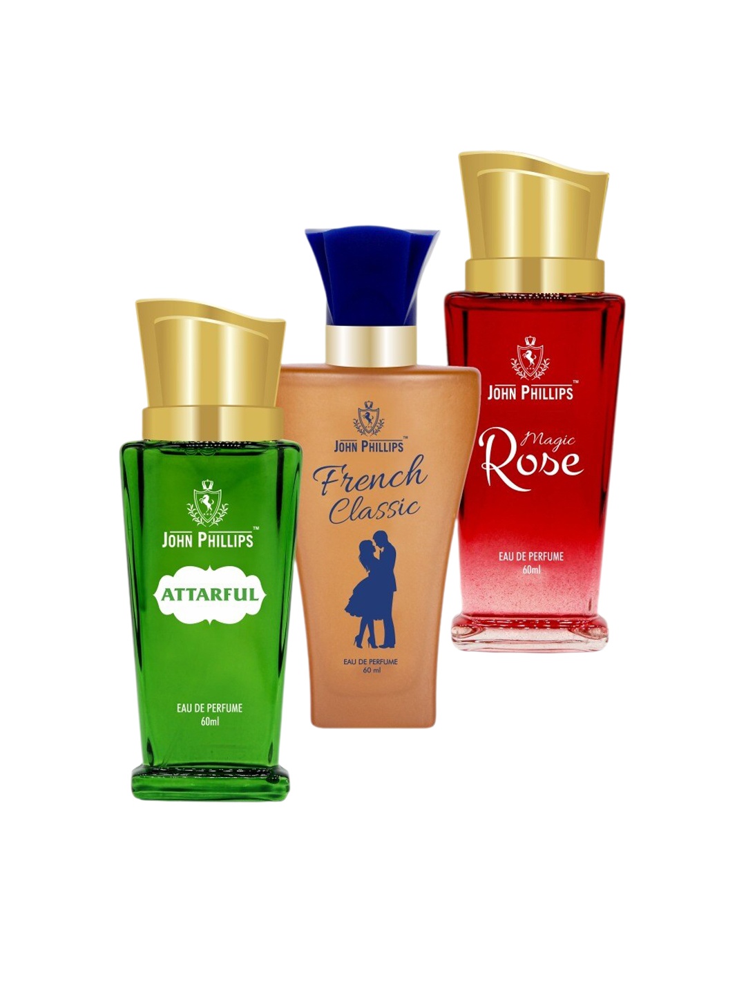 

JOHN PHILLIPS Set of 3 Long-Lasting Eau De Perfume 60 ml Each - Attarful - French Classic - Magic Rose, Green