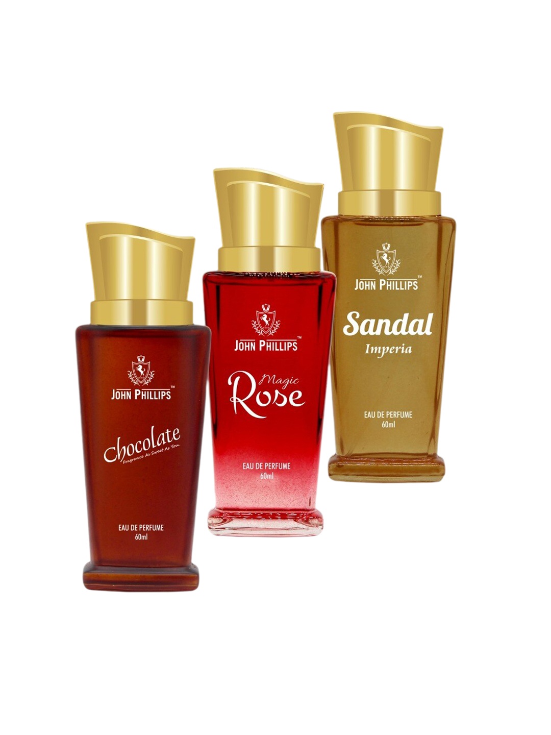 

JOHN PHILLIPS Set of 3 Long-Lasting Eau De Perfume 60 ml Each - Chocolate - Sandal - Magic Rose, Maroon