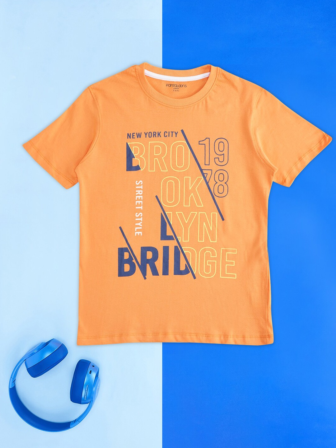 Pantaloons Junior Boys Typography Printed Cotton T-shirt, Orange