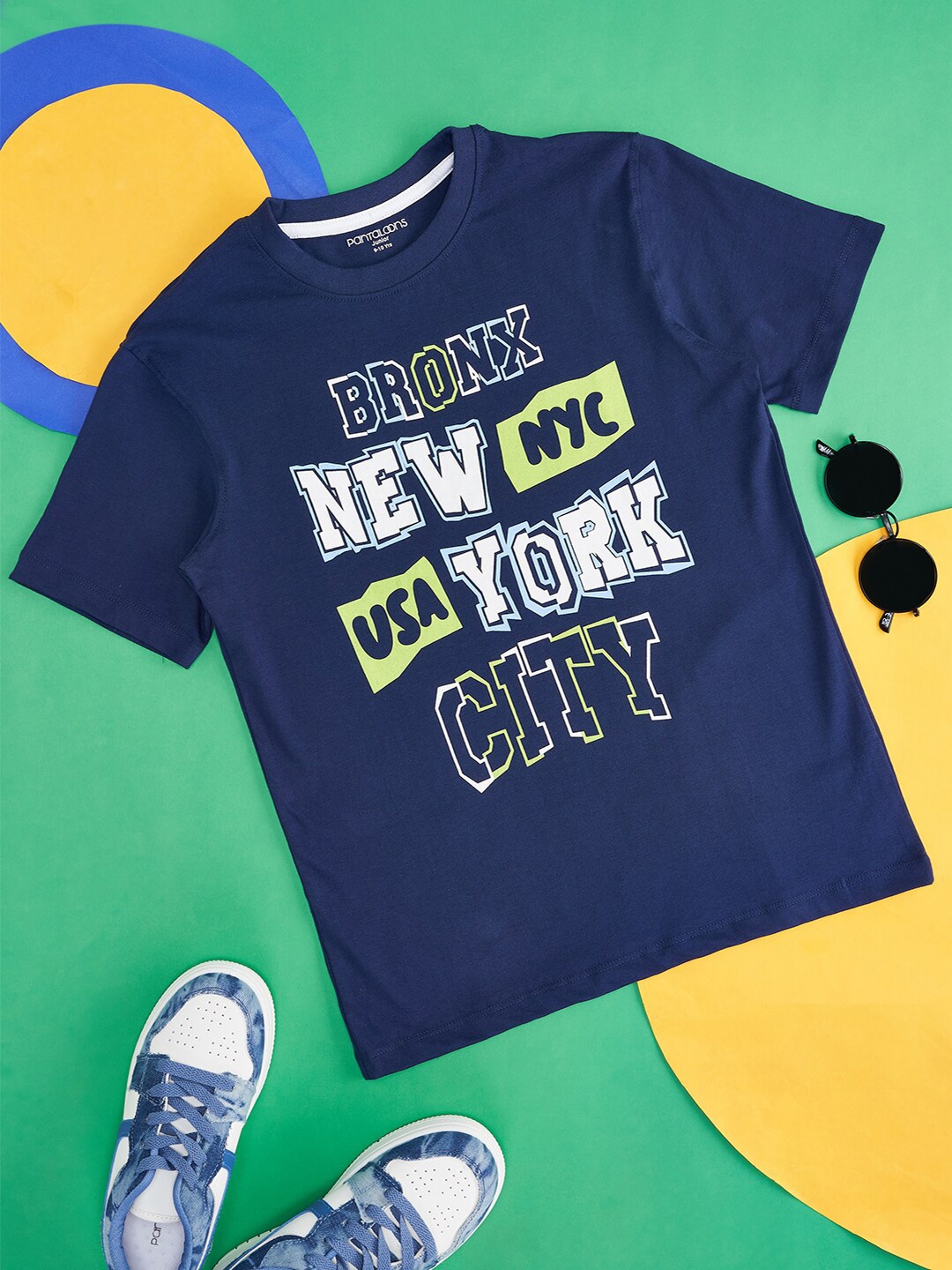 

Pantaloons Junior Boys Typography Printed Regular Fit Cotton T-shirt, Navy blue