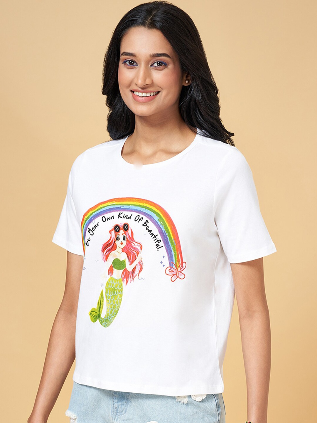 

People White Printed Regular Printed Cotton T-shirt