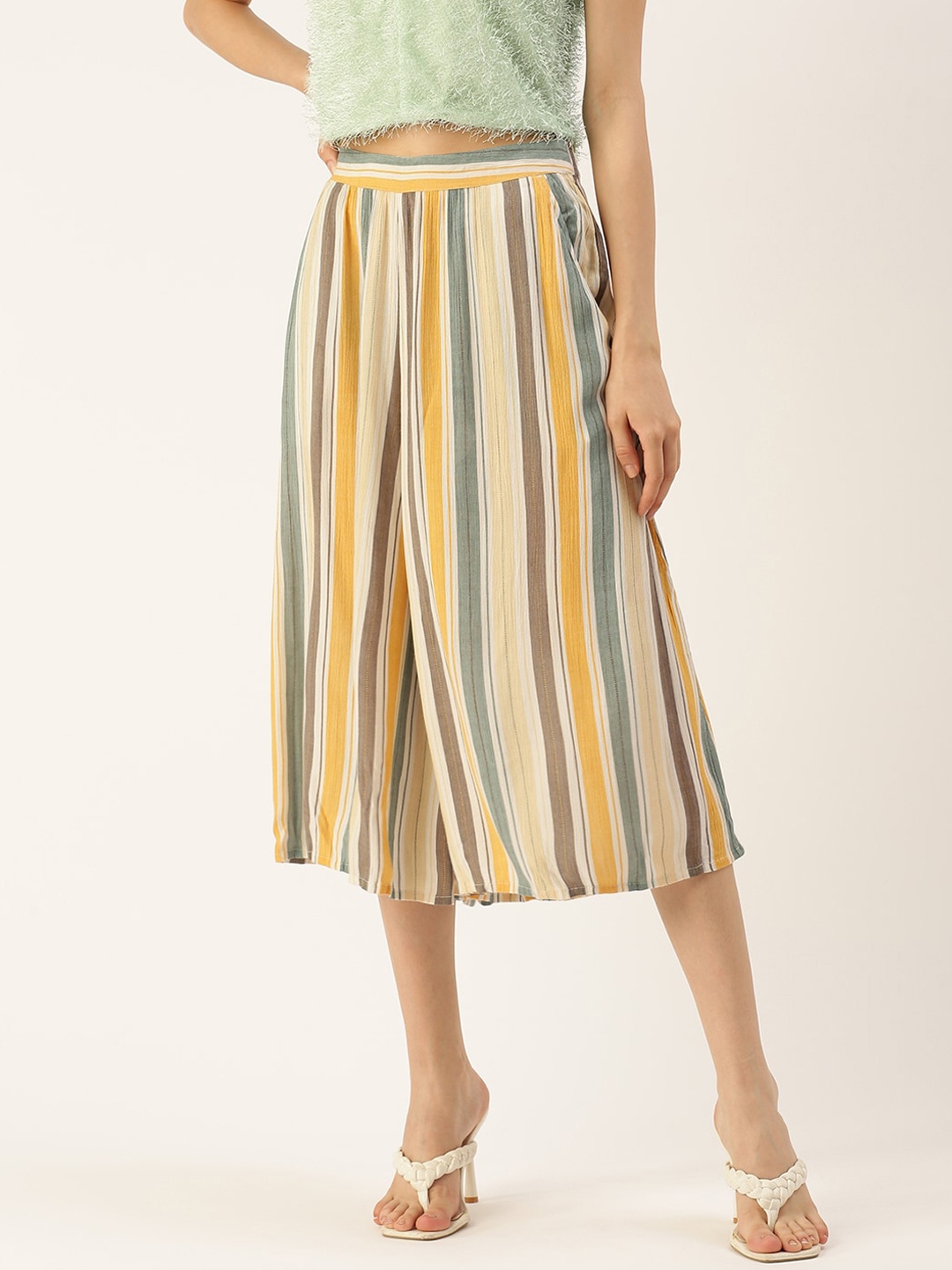 

De Moza Women Striped Loose Fit Culottes Trousers, Mustard
