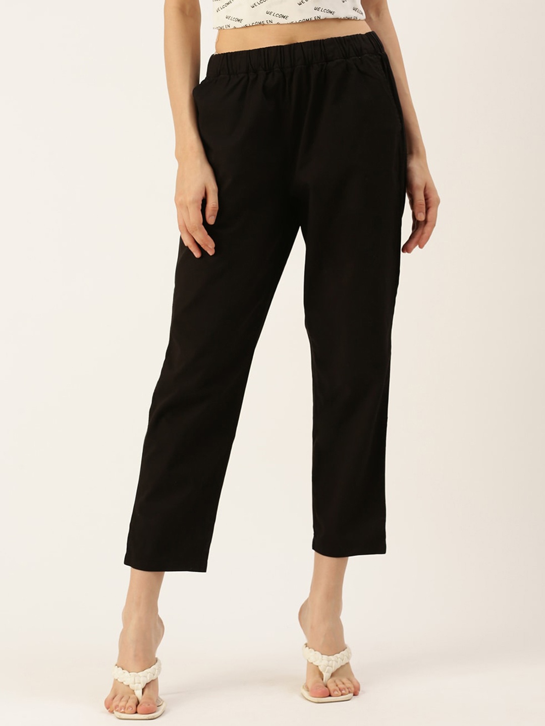 

De Moza Women Mid Rise Cotton Cigarette Trousers, Black