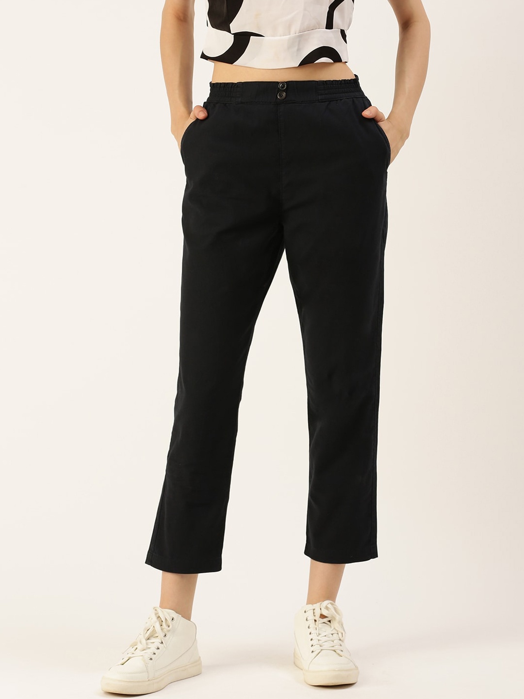 

De Moza Women Mid Rise Cotton Trousers, Navy blue