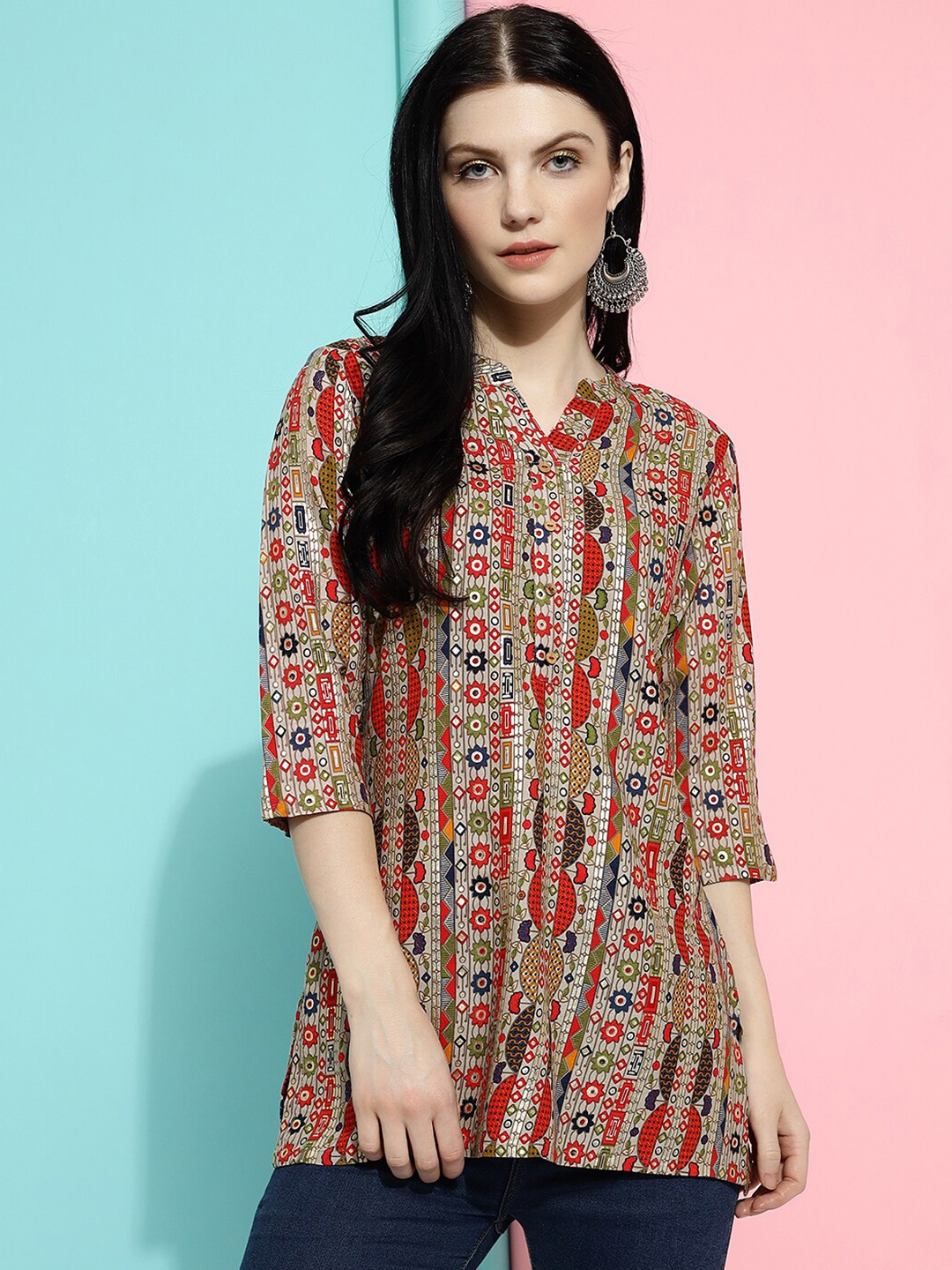 

J Turritopsis Geometric Printed Mandarin Collar Kurti, Grey