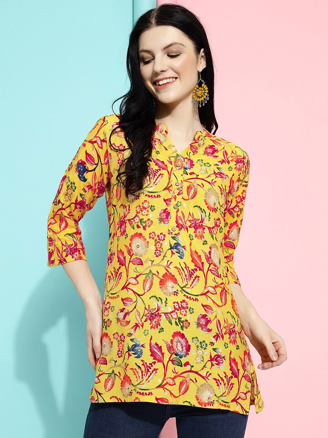 

J Turritopsis Floral Printed Mandarin Collar Kurti, Yellow