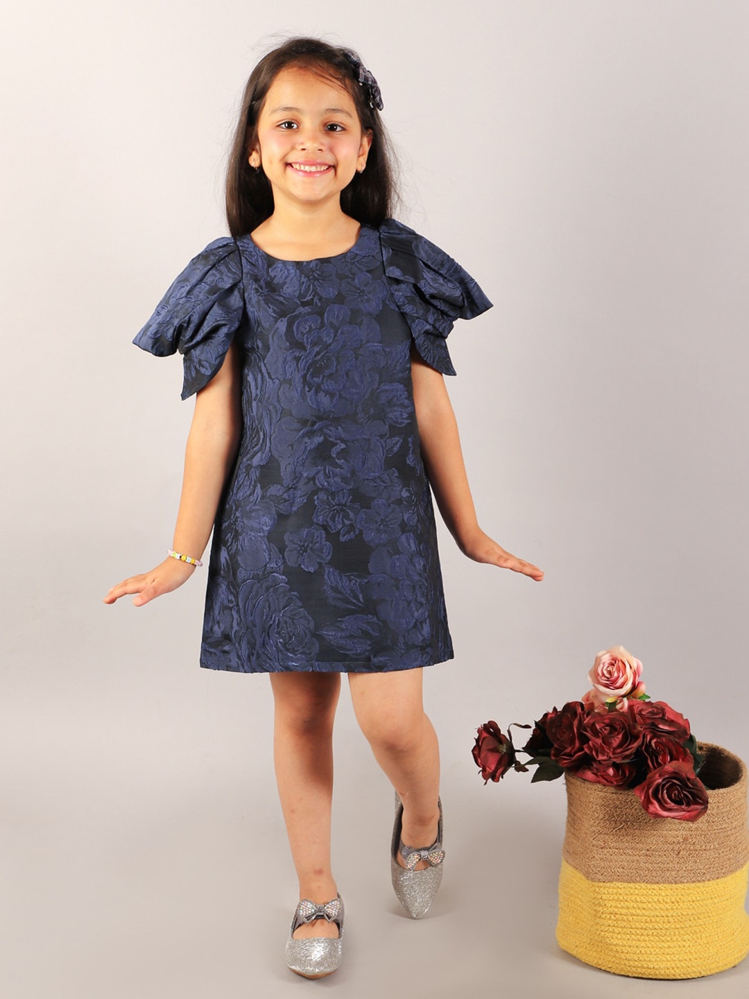 

KidsDew Girls Floral Printed Self Designed Ruched Sleeves Jacquard A-Line Dress, Navy blue