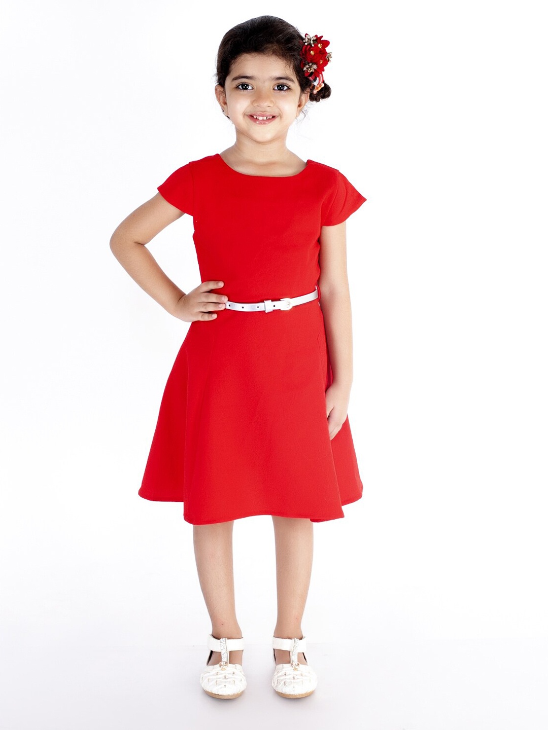 

KidsDew Girls Round Neck Belted Fit & Flare Dress, Red