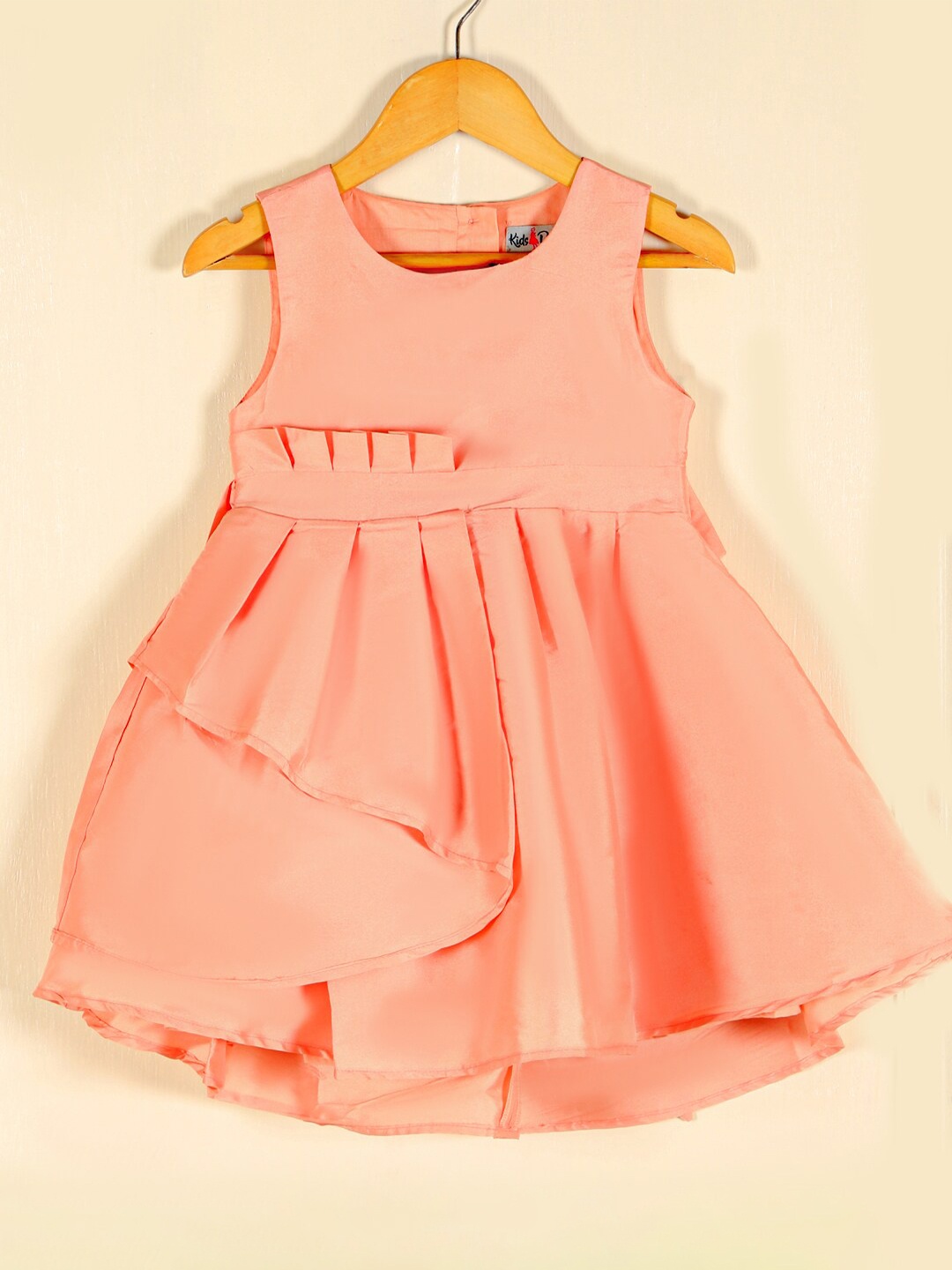 

KidsDew Girls Round Neck Pleated Detail Fit & Flare Dress, Peach