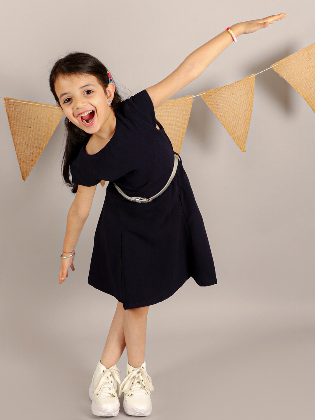 

KidsDew Girls Cap Sleeves Belted A-Line Dress, Navy blue