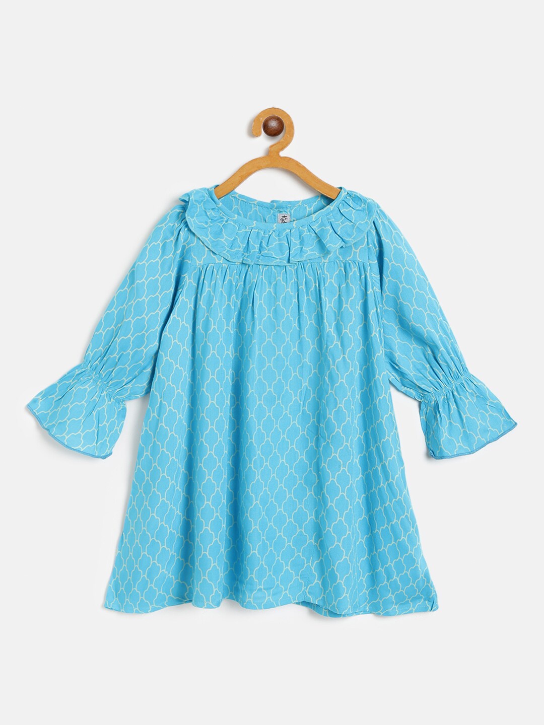 

KidsDew Girls Geometric Printed Cuffed Sleeves Ruffled A-Line Dress, Blue