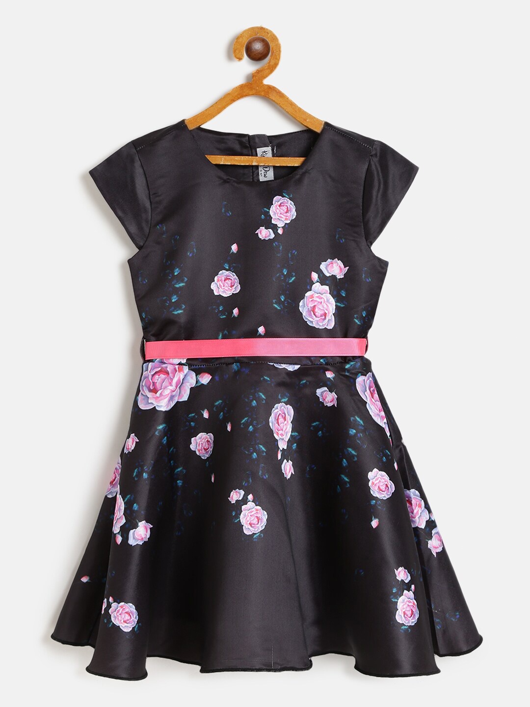 

KidsDew Girls Floral Printed Belted Detail Fit & Flare Dress, Black