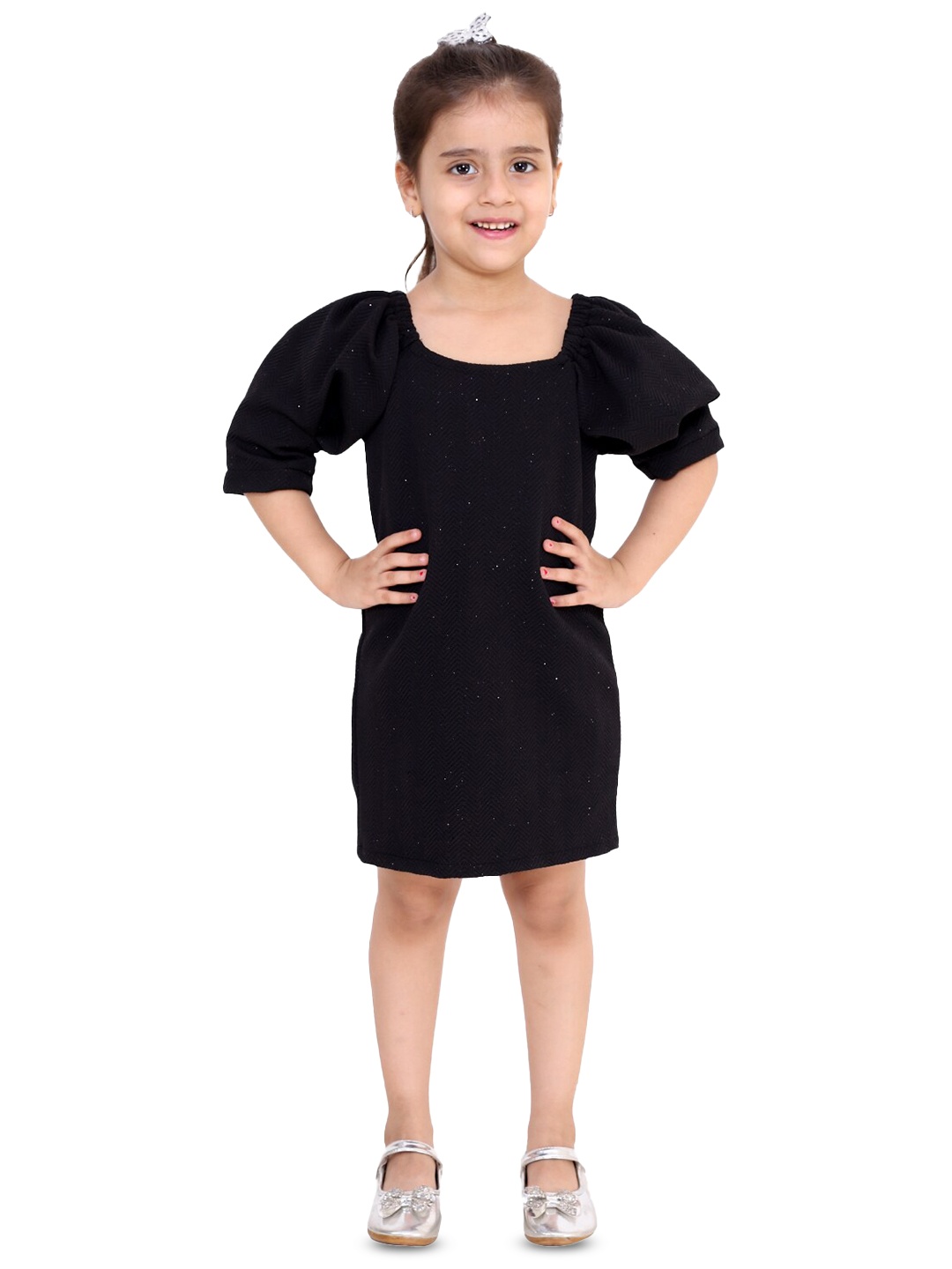 

KidsDew Self Designed Square Neck Ruched Sleeves A-Line Dress, Black