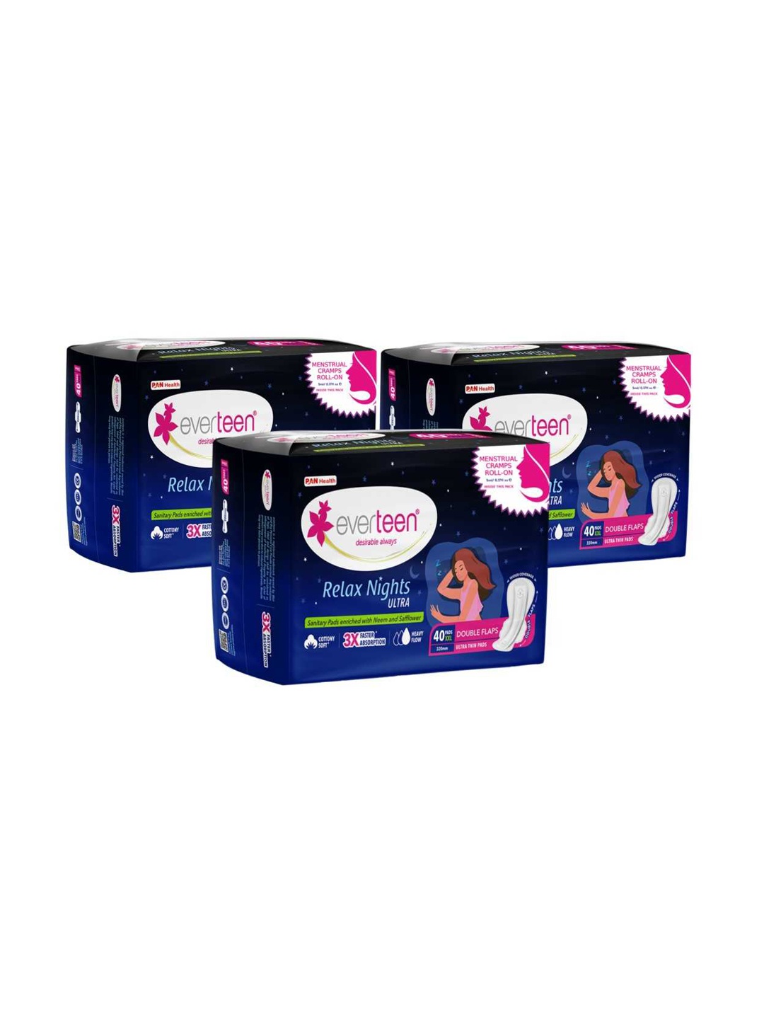 

everteen Set Of 3 Relax Nights Ultra Sanitary Pads XXL with Cramps Roll On - 40 Pads Each, Blue