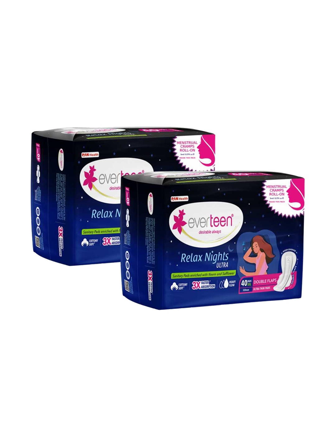 

everteen Set Of 2 Relax Nights Ultra Sanitary Pads XXL with Cramps Roll On - 40 Pads Each, Blue