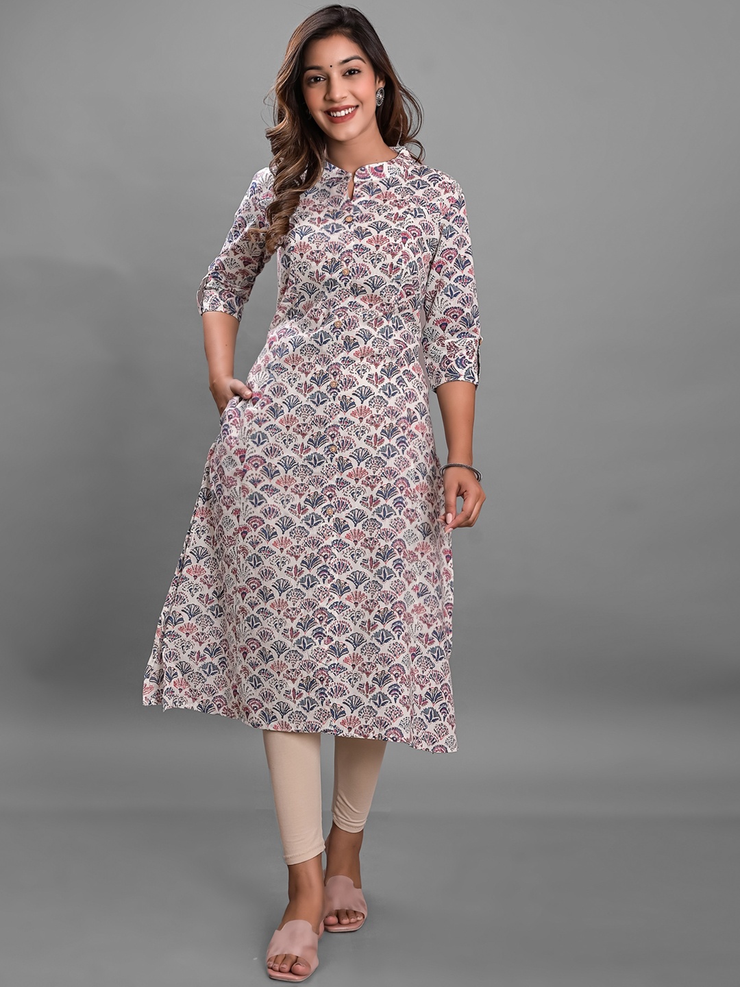 

KASHEEDA Ethnic Motifs Screen Printed Pure Cotton A-Line Kurta, White