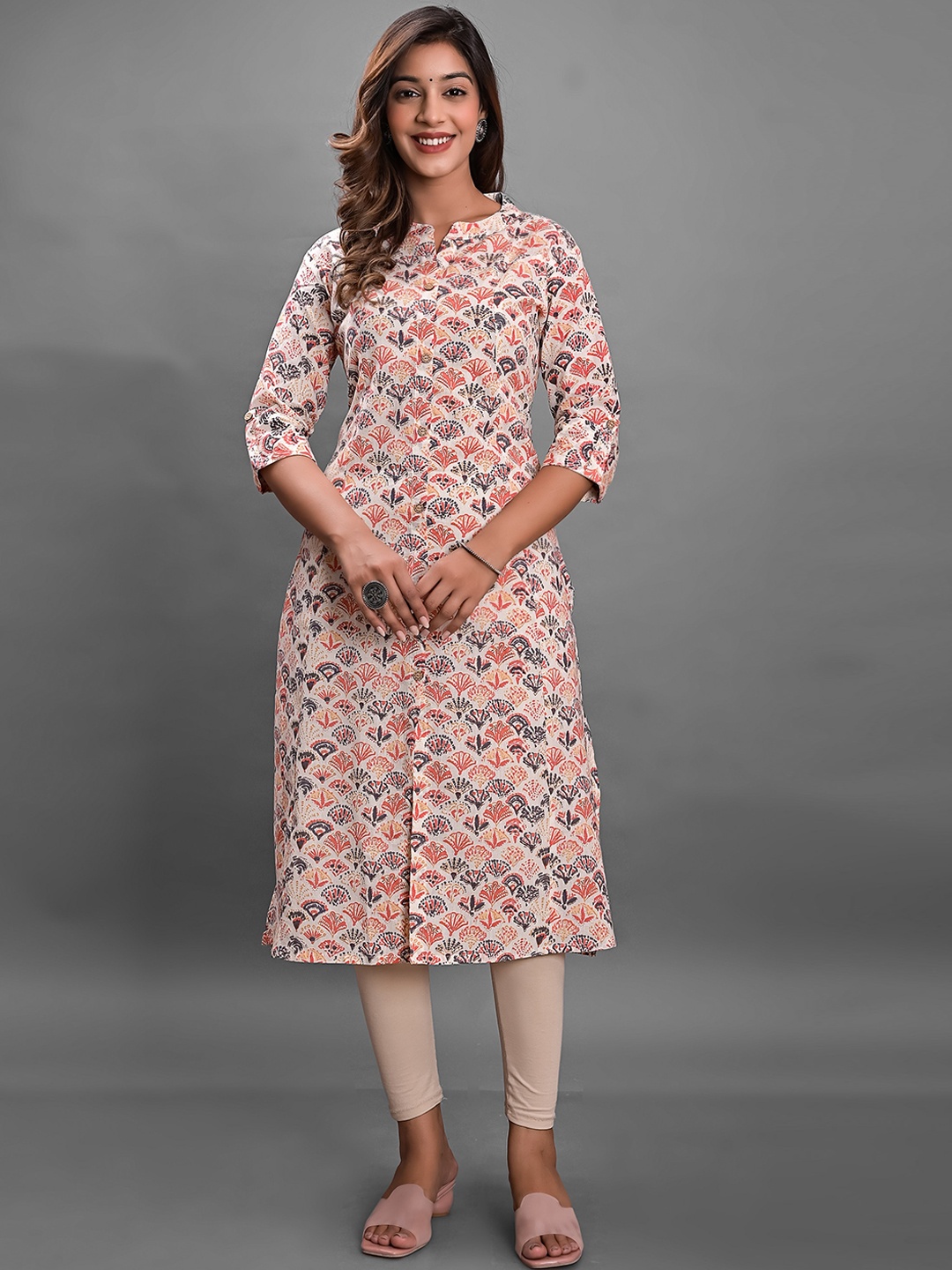 

KASHEEDA Ethnic Motifs Screen Printed Pure Cotton A-Line Kurta, Off white