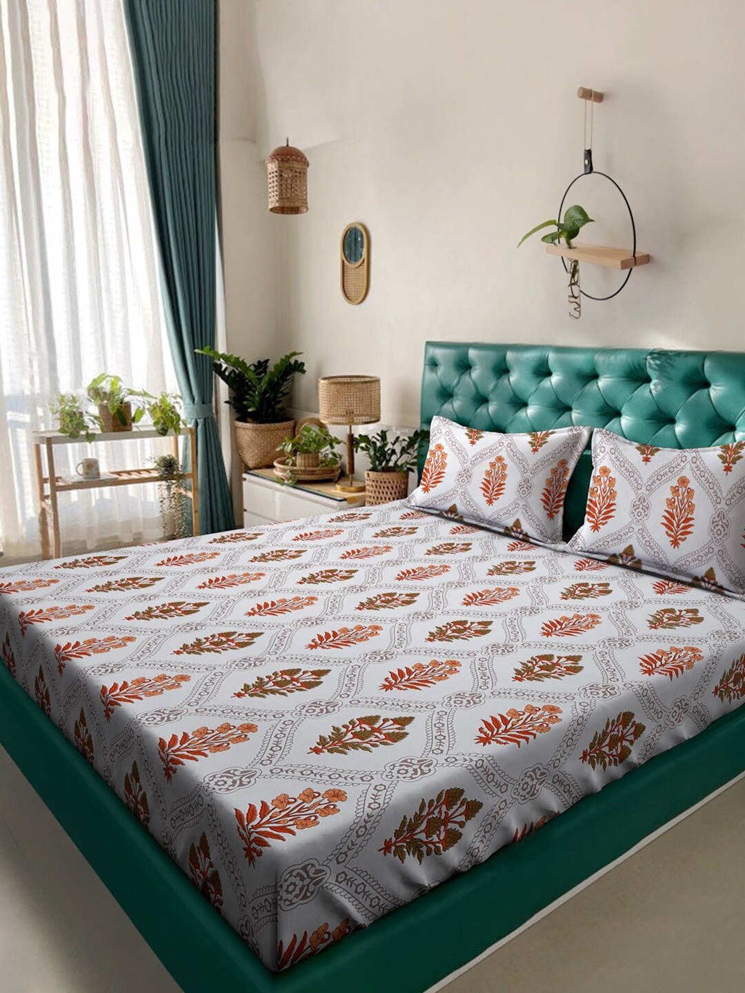 

Alina decor White & Brown Ethnic Motifs 210 TC Queen Bedsheet with 2 Pillow Covers