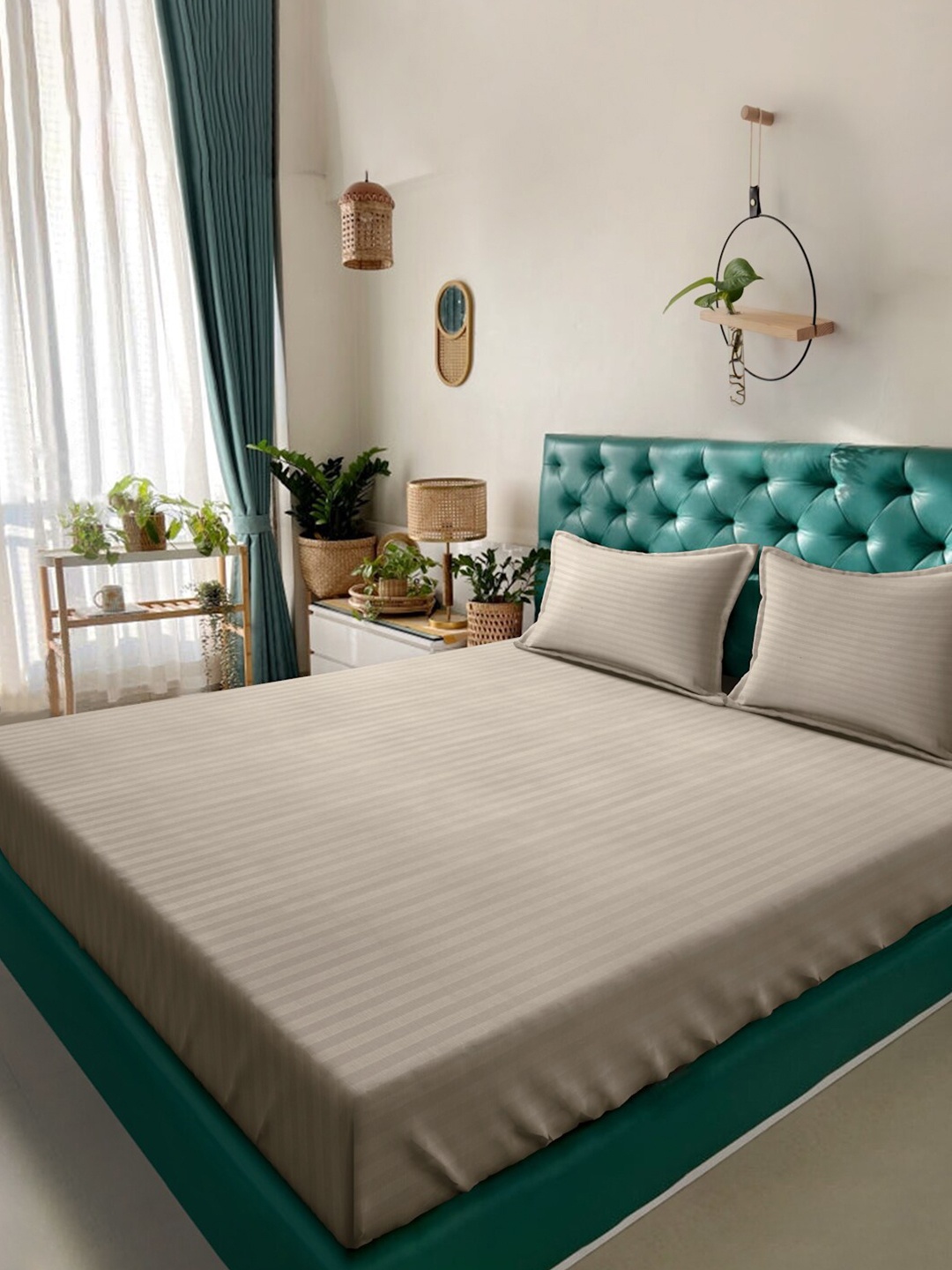 

Alina decor Beige Striped 210 TC Queen Bedsheet with 2 Pillow Covers