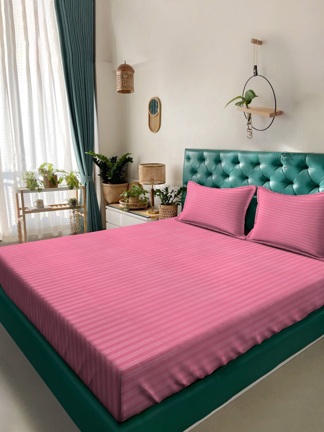 

Alina decor Pink Striped 210 TC Queen Bedsheet With 2 Pillow Covers