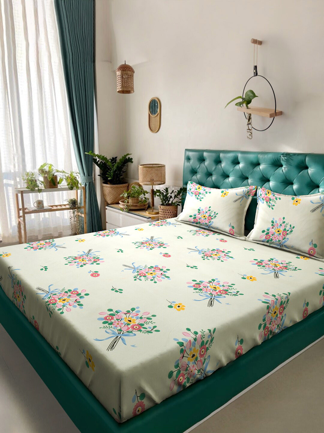 

Alina decor Cream-Coloured & Blue Floral 210 TC Queen Bedsheet with 2 Pillow Covers