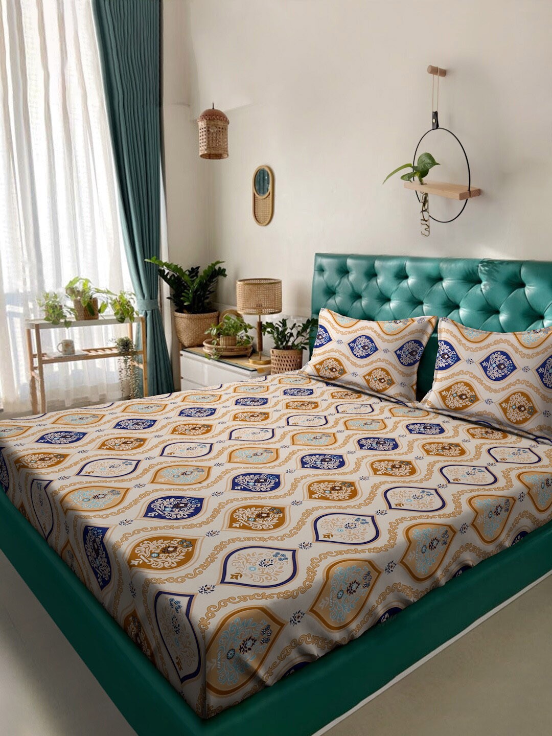

Alina decor Beige & Blue Ethnic Motifs 210 TC Queen Bedsheet with 2 Pillow Covers