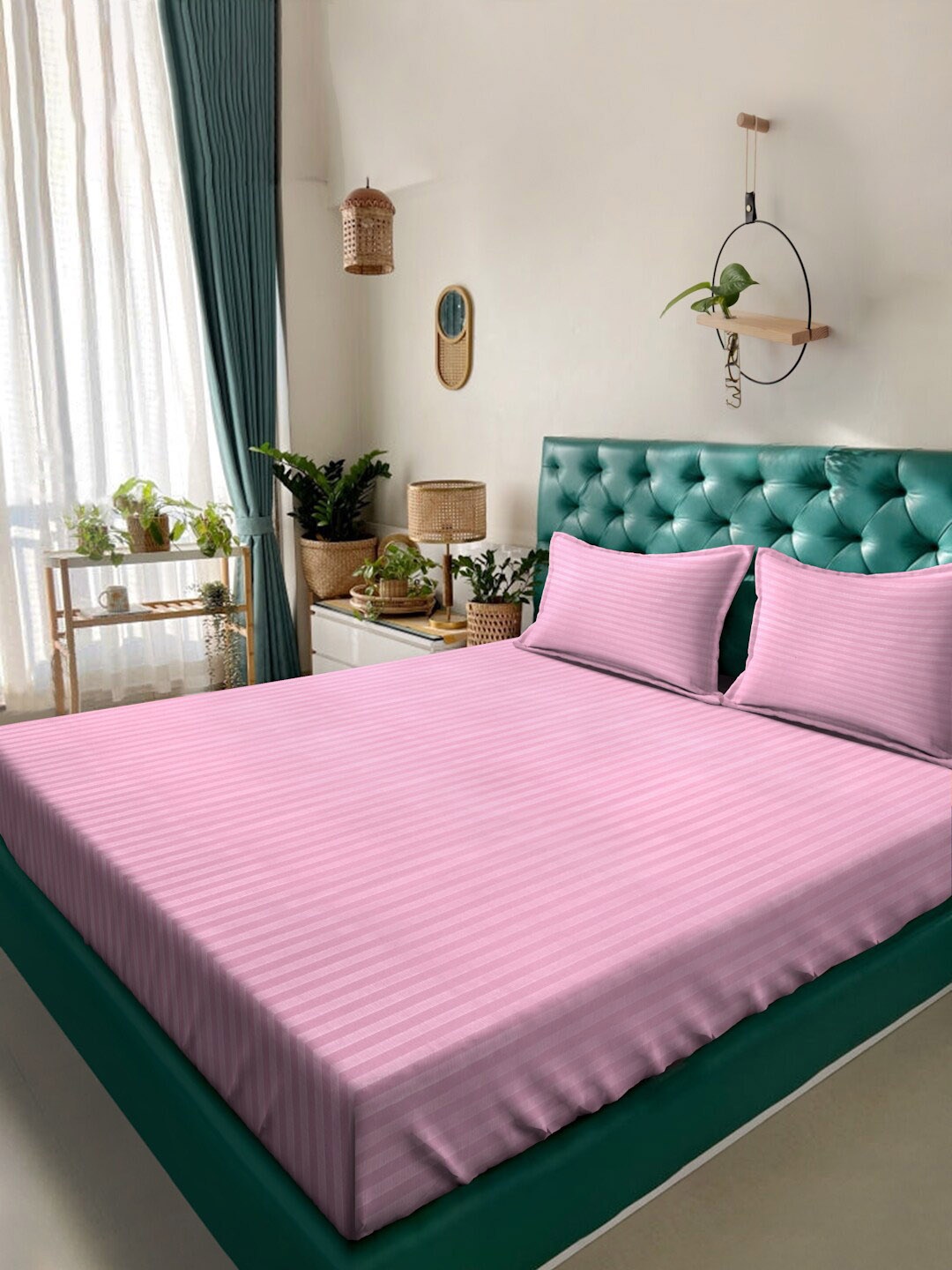 

Alina decor Pink Striped 210 TC Queen Bedsheet with 2 Pillow Covers