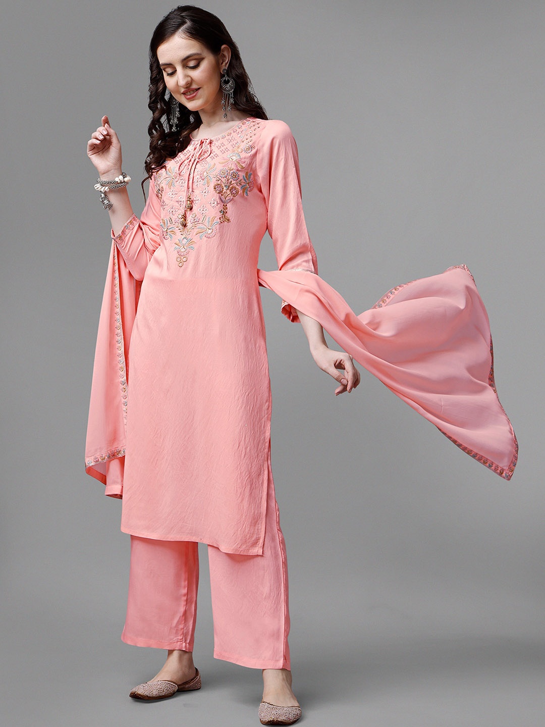

ASPORA Yoke Design Regular Thread Work Chanderi Cotton Kurta With Palazzos & Dupatta, Peach