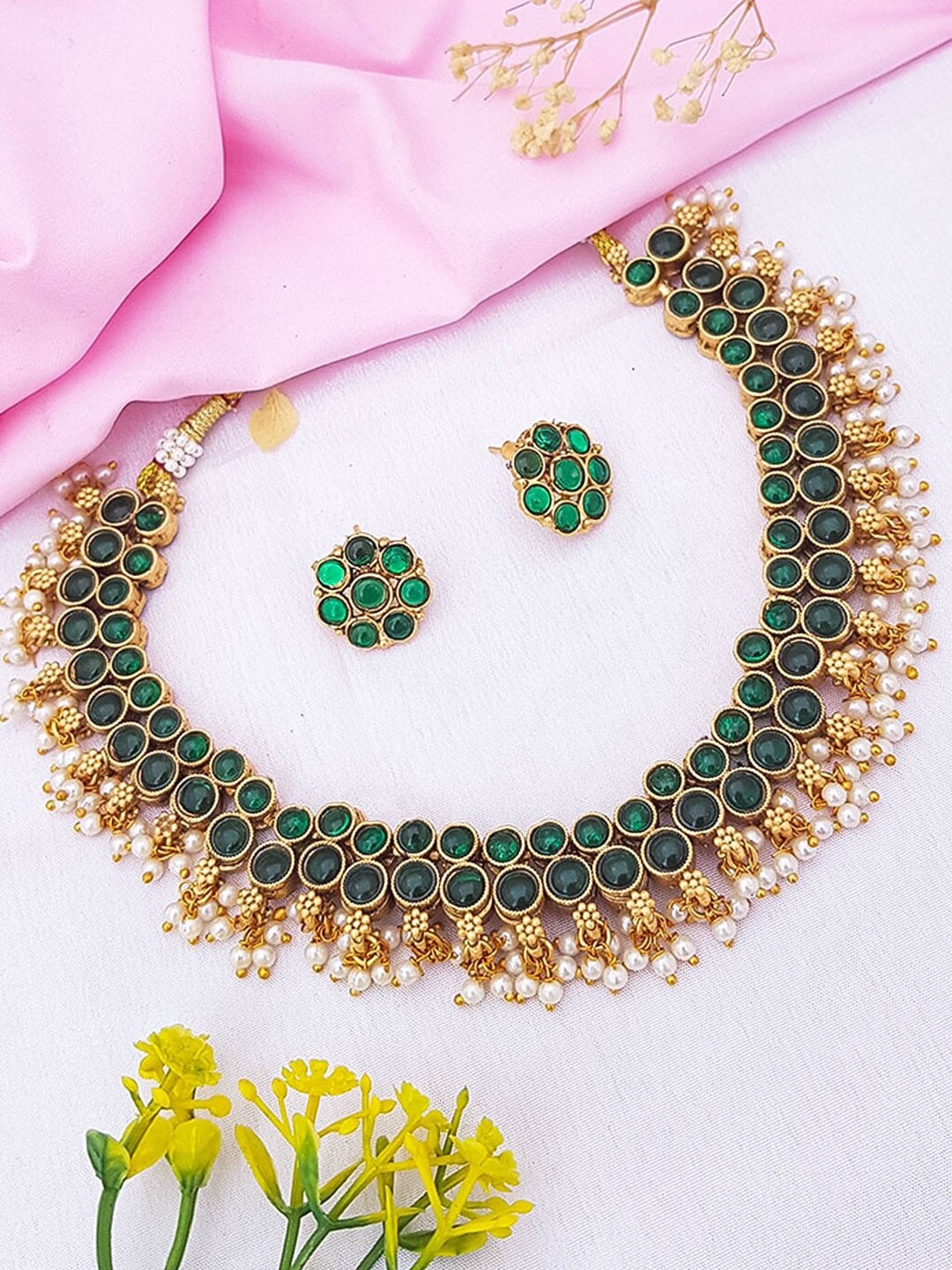 

GRIIHAM Gold-Plated Stone-Studded & Beaded Reversible Jewellery Set