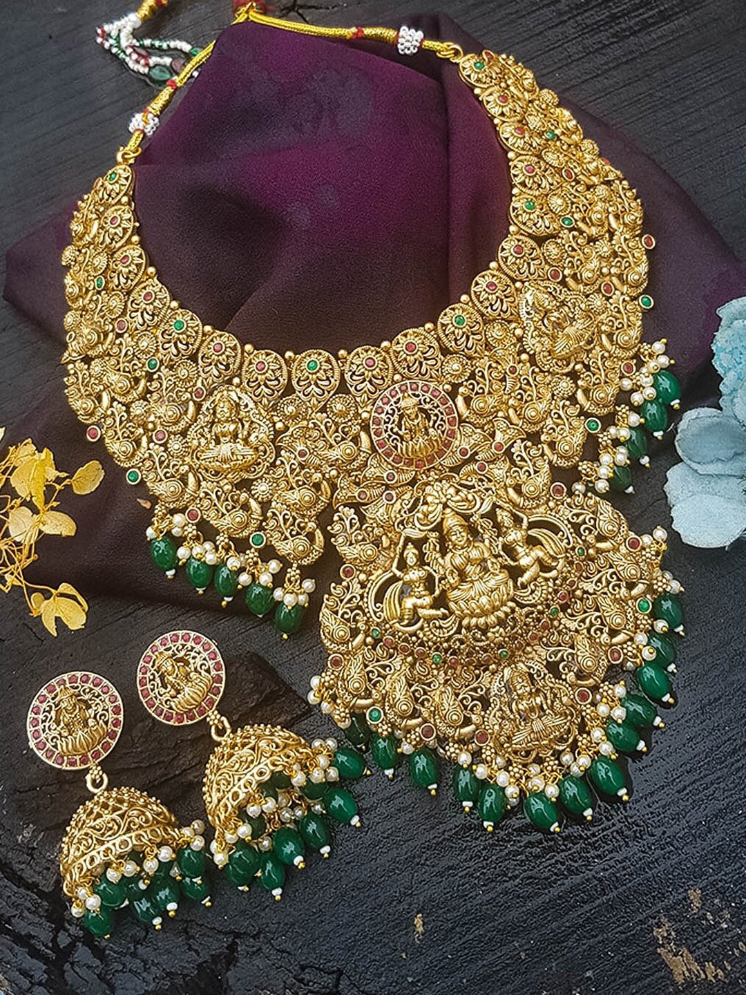 

GRIIHAM Gold-Plated CZ Stone-Studded & Beaded Bridal Jewellery Set