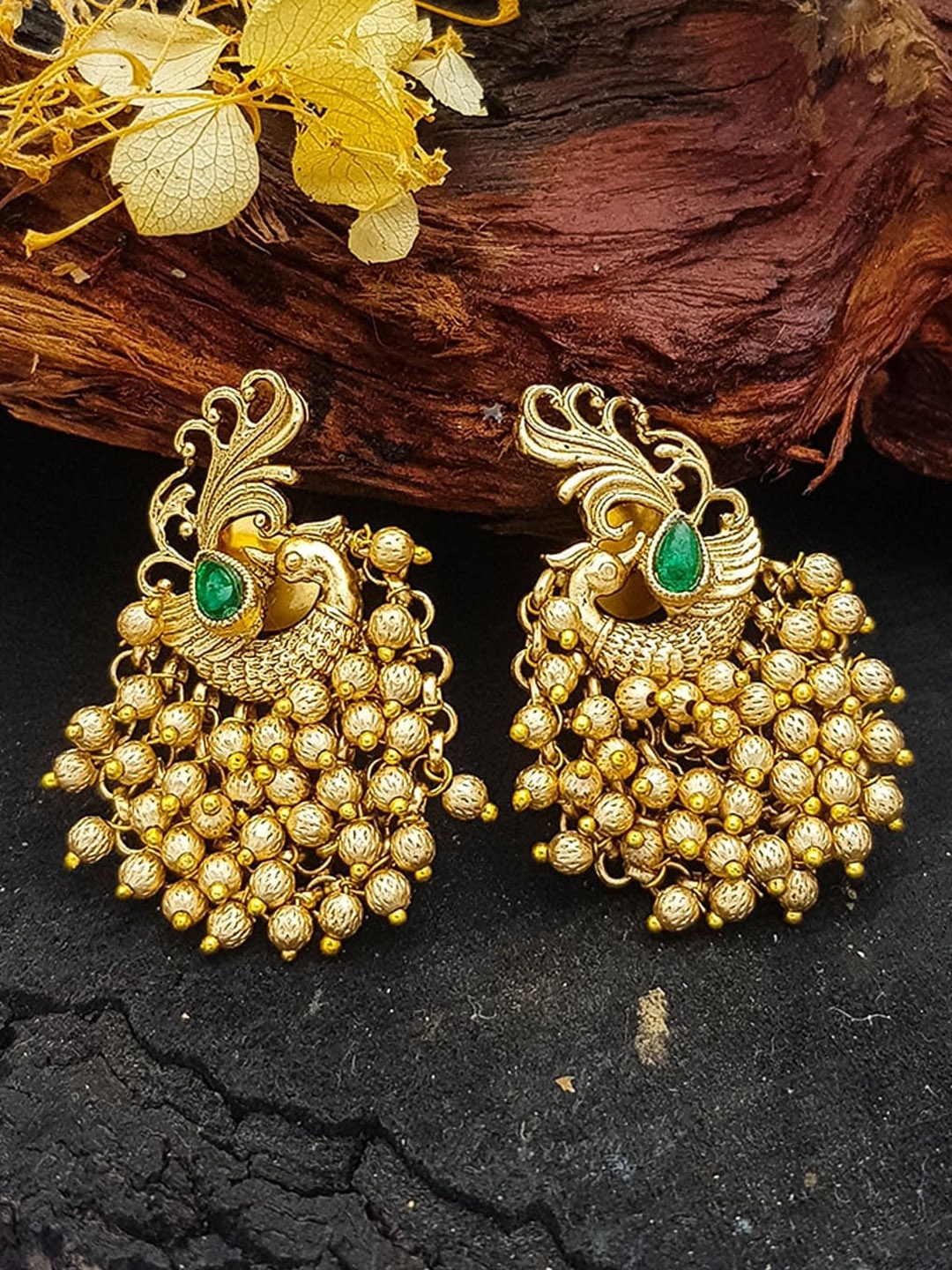 

GRIIHAM Gold-Plated Peacock Shaped AD-Studded Drop Earrings