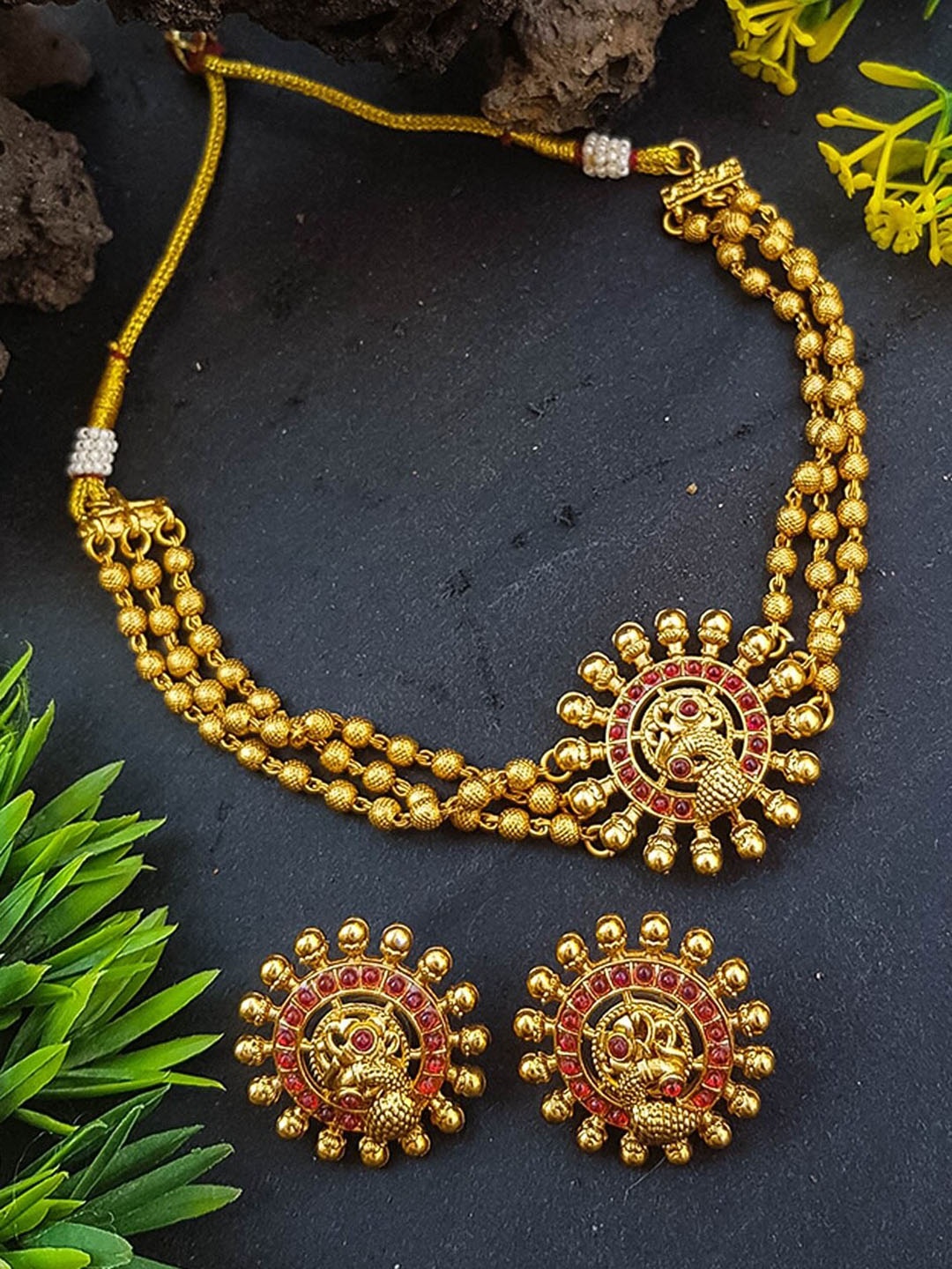 

GRIIHAM Gold-Plated Stone Studded Choker Necklace with Earrings, Red