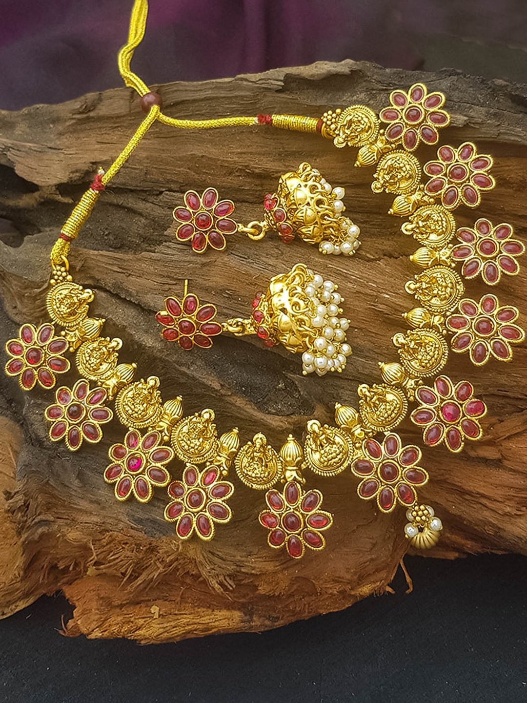 

GRIIHAM Gold-Plated Red Artificial Stones & Beads Laxmi Necklace Set