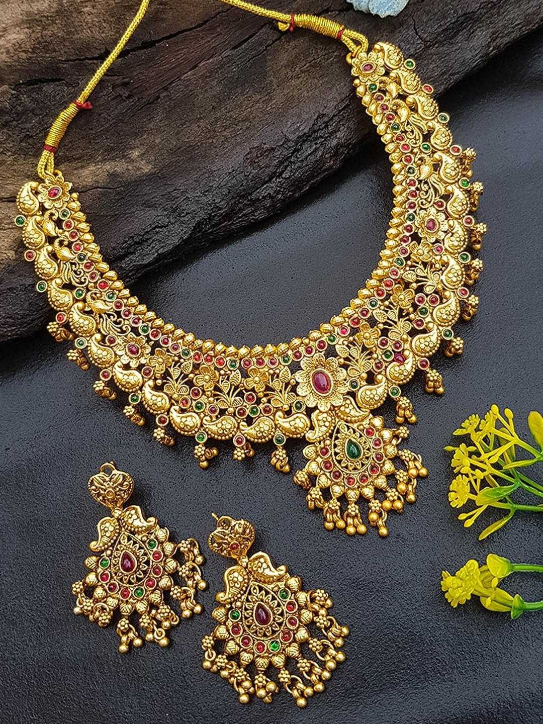 

GRIIHAM Gold-Plated AD-Studded Temple Necklace with Earrings