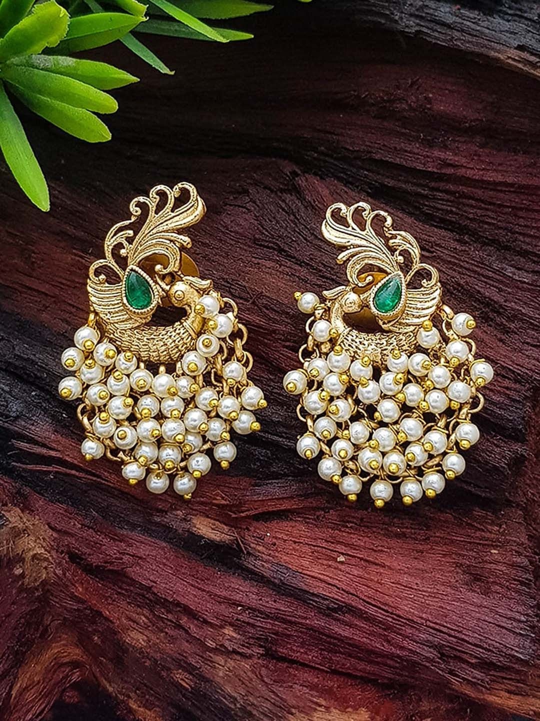 

GRIIHAM Gold-Plated Peacock Shaped AD-Studded Drop Earrings