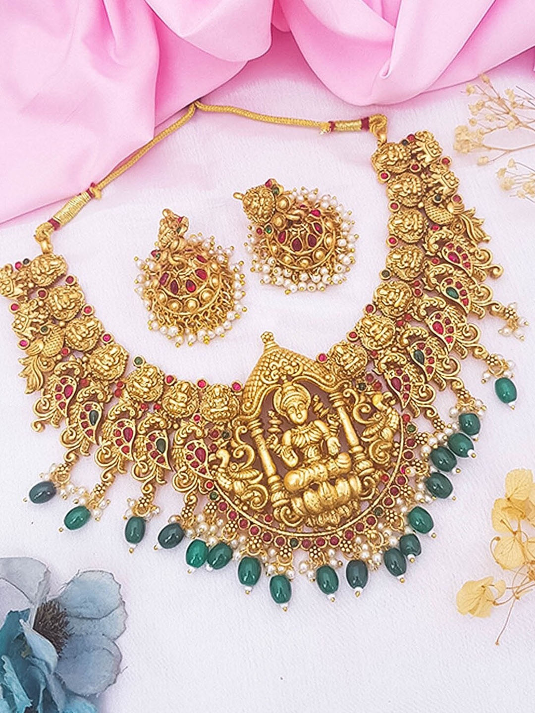 

GRIIHAM Gold-Plated Temple Choker Necklace Set, Green
