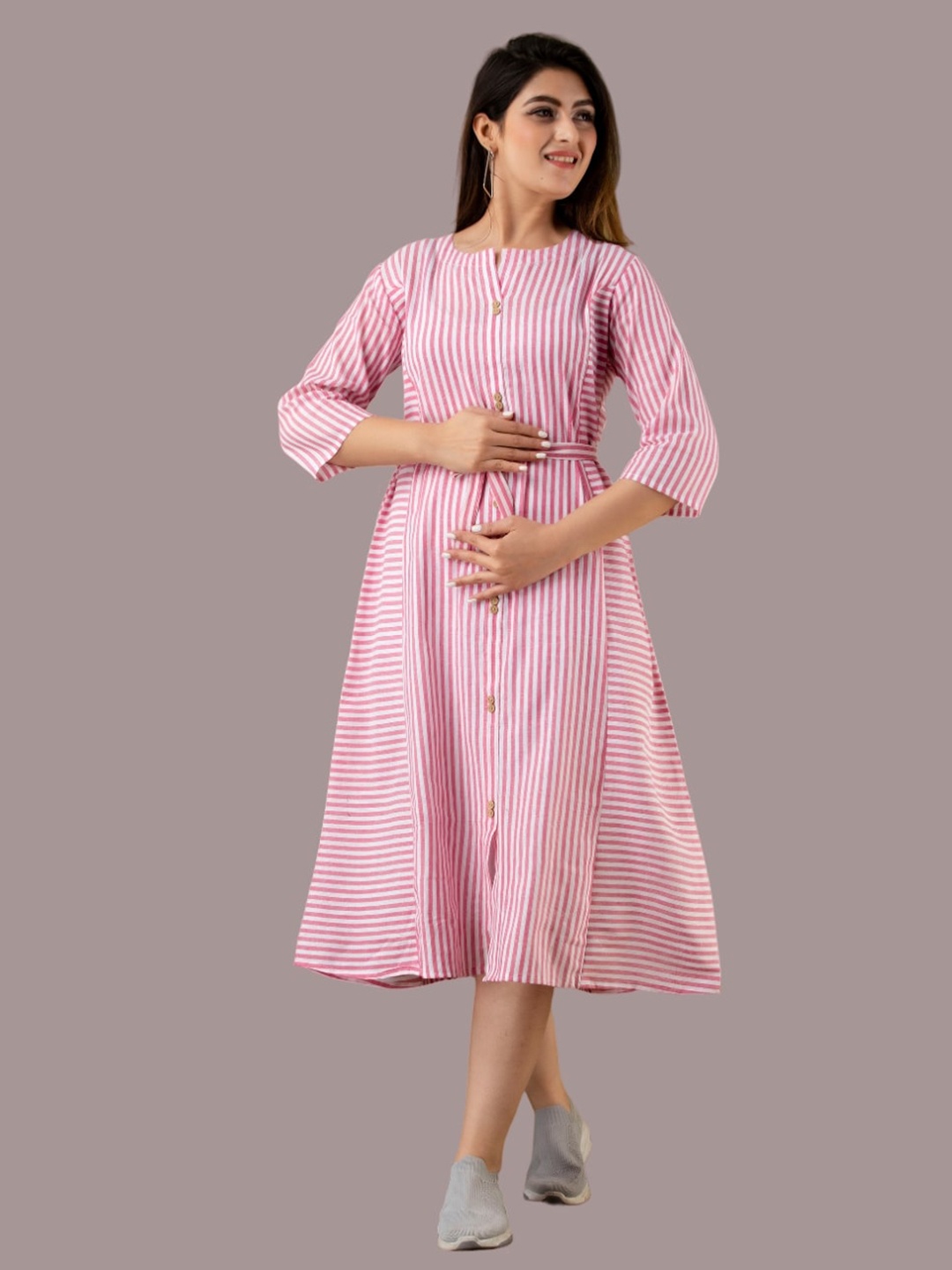 

UNIBLISS Striped Tie-Up Waist Maternity A-Line Midi Dress, Pink