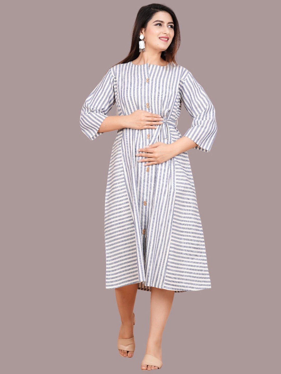 

UNIBLISS Striped Tie-Up Waist Maternity A-Line Midi Dress, White