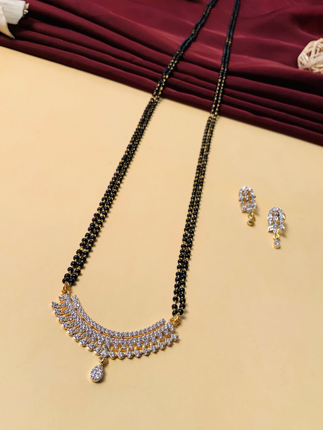 

ABDESIGNS Gold-Plated AD-Studded Mangalsutra With Earrings