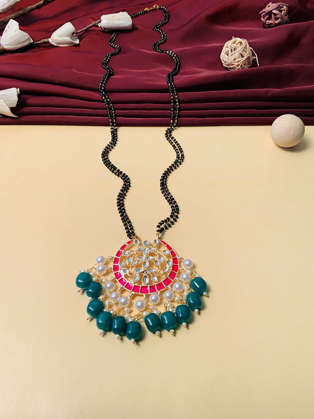 

ABDESIGNS Gold-Plated Kundan Studded & Pearl Beaded Long Mangalsutra