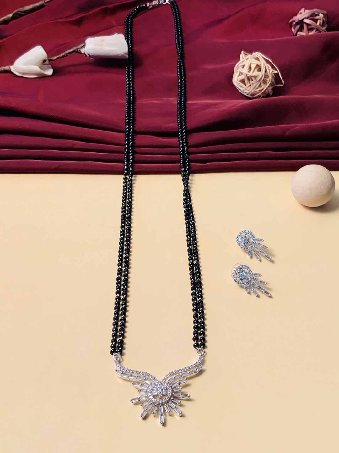

ABDESIGNS Silver-Plated AD-Studded & Beaded Mangalsutra With Earrings