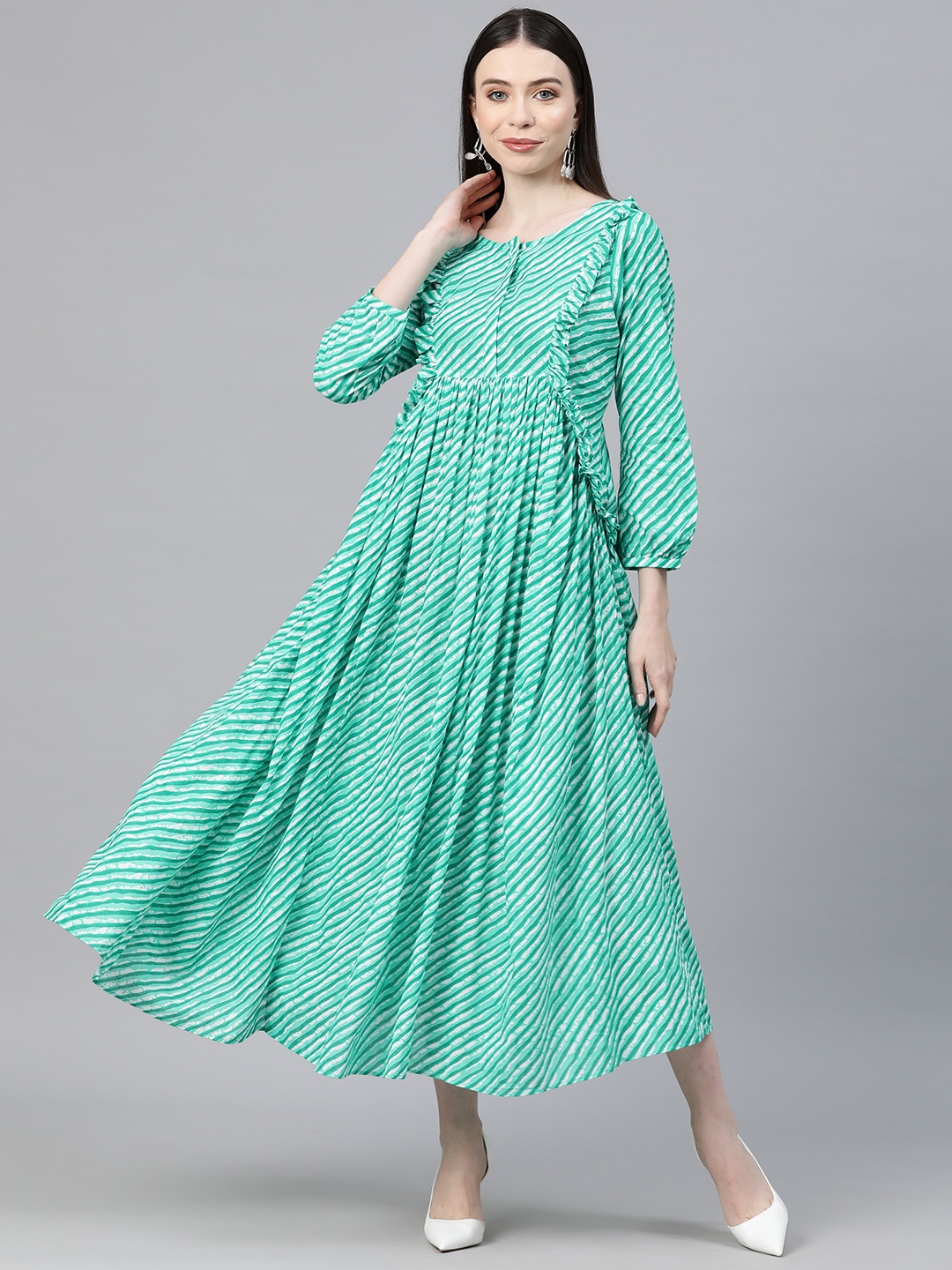 

MBE Leheriya Striped Puff Sleeve Ruffled Maxi Dress, Green