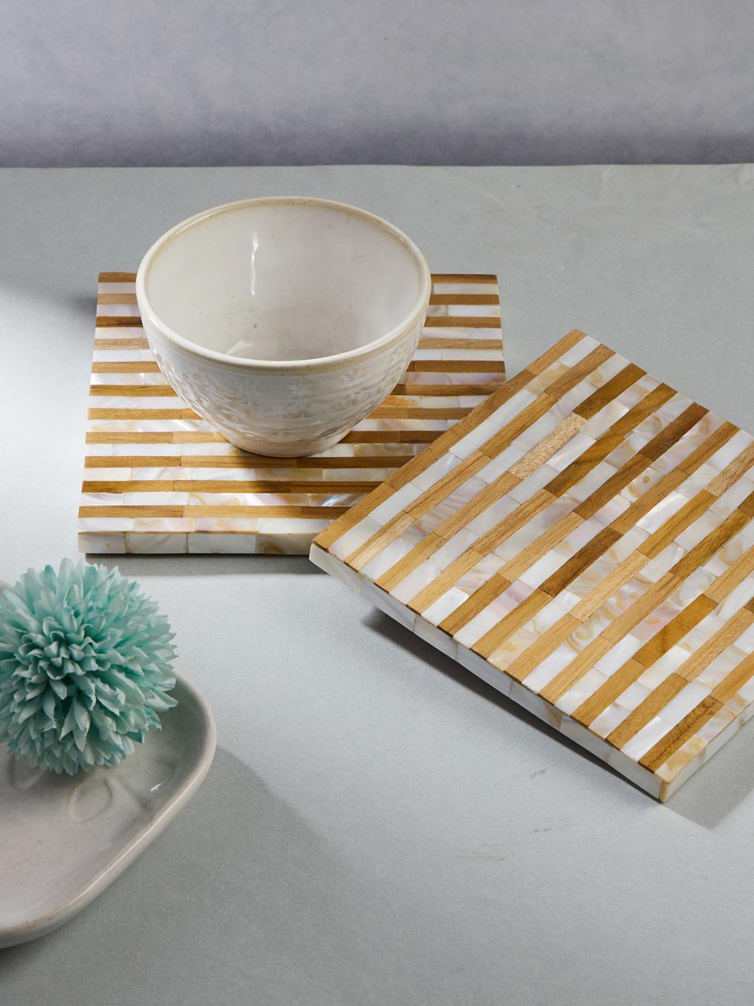 

Fabindia Brown & White 4 Pieces Striped Patterned Wooden Coaster