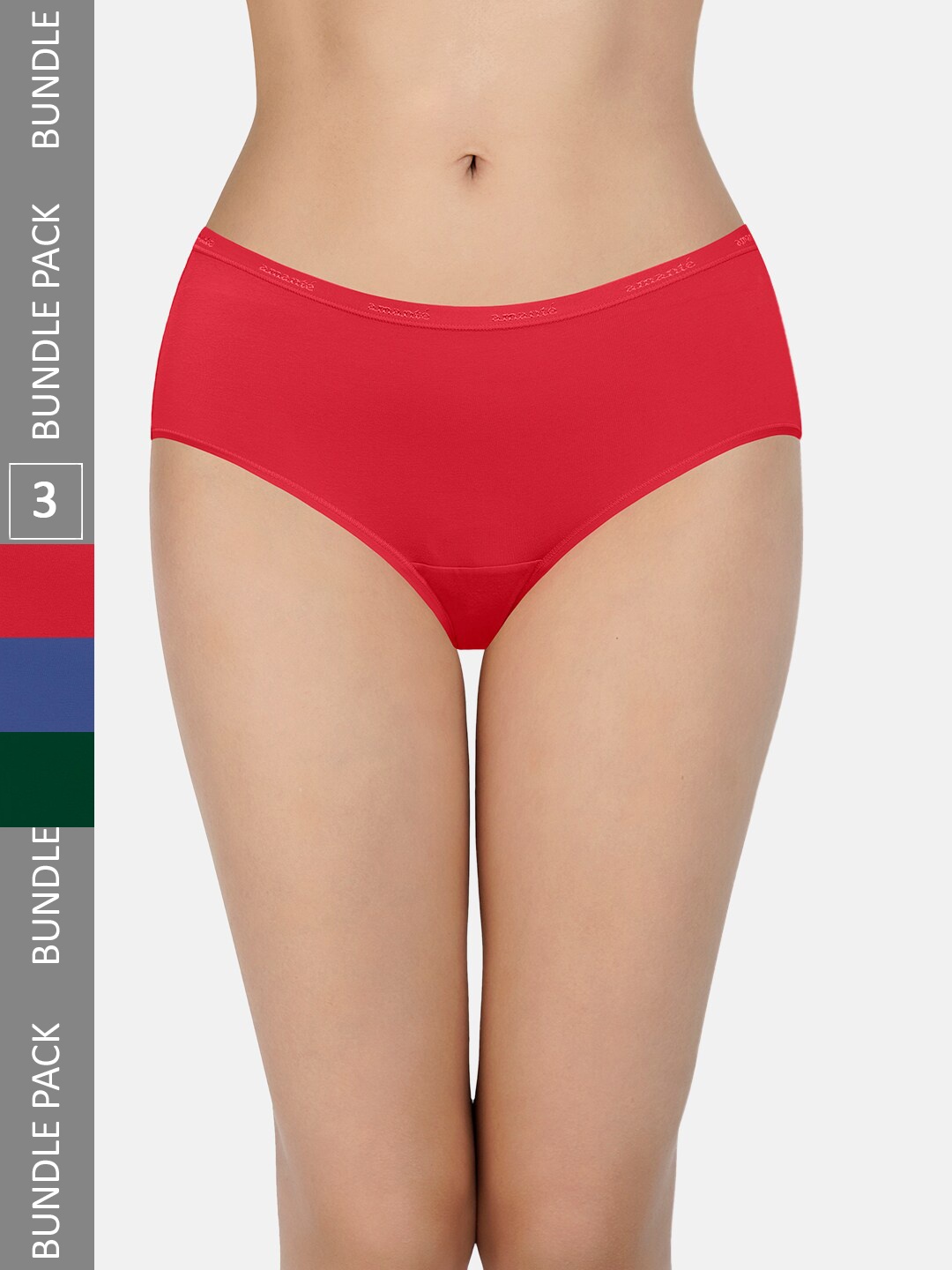 

Amante Pack Of 3 Outer Elasticated Low Rise Hipster Cotton Briefs PPK43001, Red